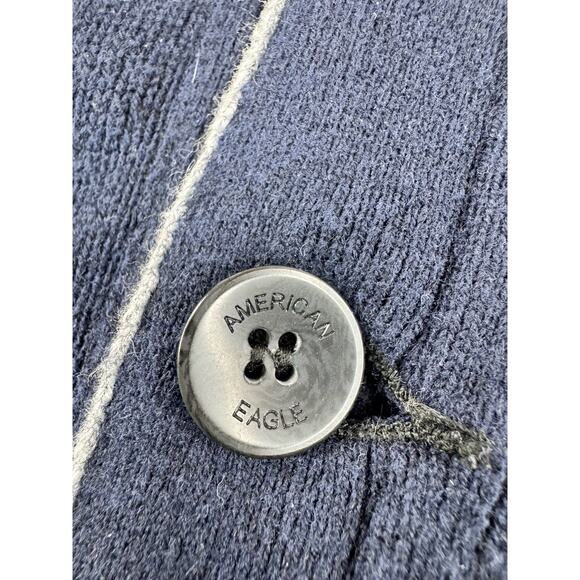 American Eagle Mens Wool Blend Cardigan Sweater L Navy Blue Elbow Patches Preppy - Picture 8 of 13
